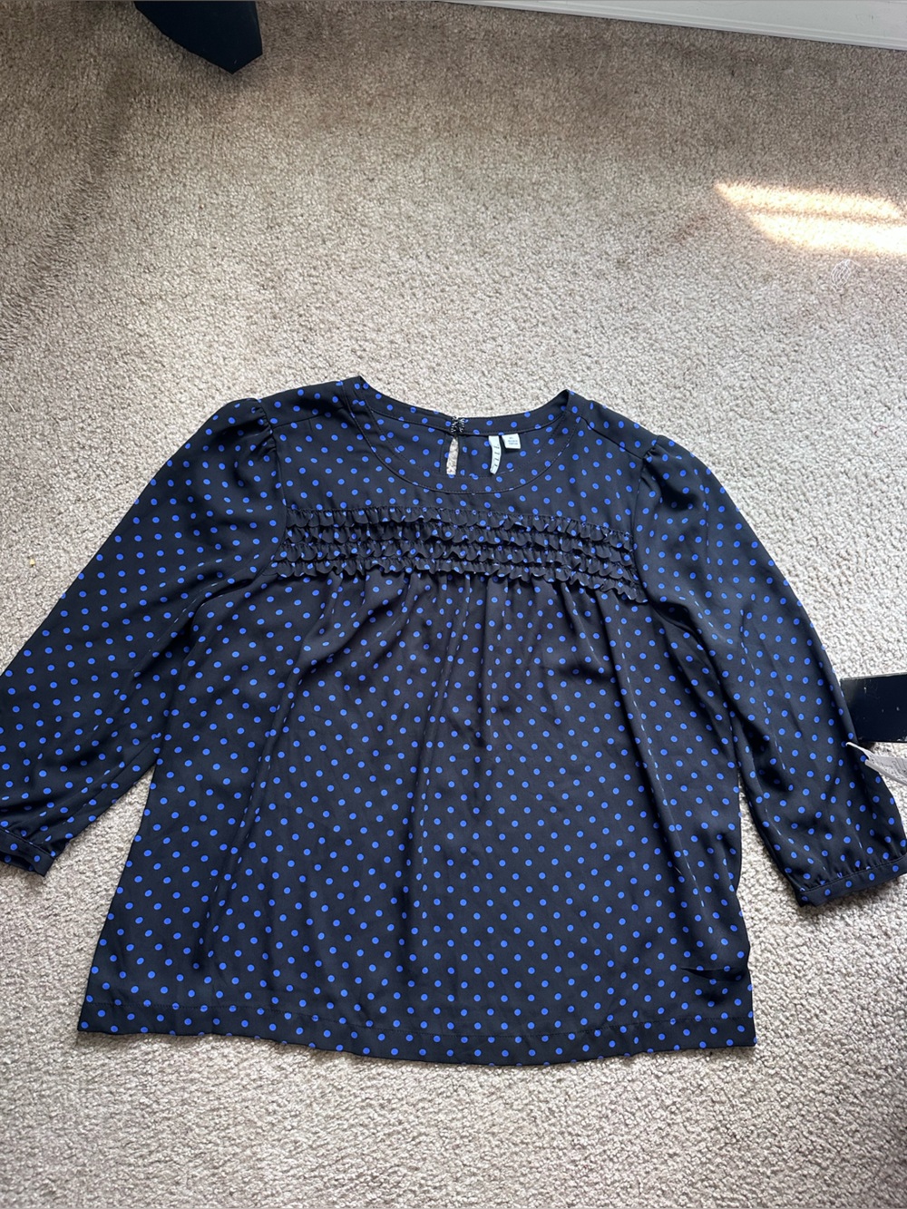 Elle Black Dress Shirt with Blue Polka Dots